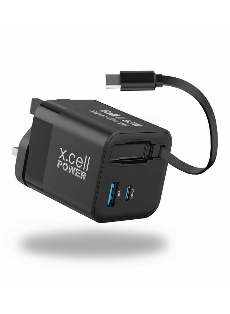 Xcell 65W GaN II USB-C Fast Charger with 65cm Retractable Cable, 3-Port Fast Charging (2 USB-C PD + USB-A QC 3.0), PPS Support, Compact Wall Charger for iPhone 16/17, Samsung & USB-C Devices, Black - Image 1